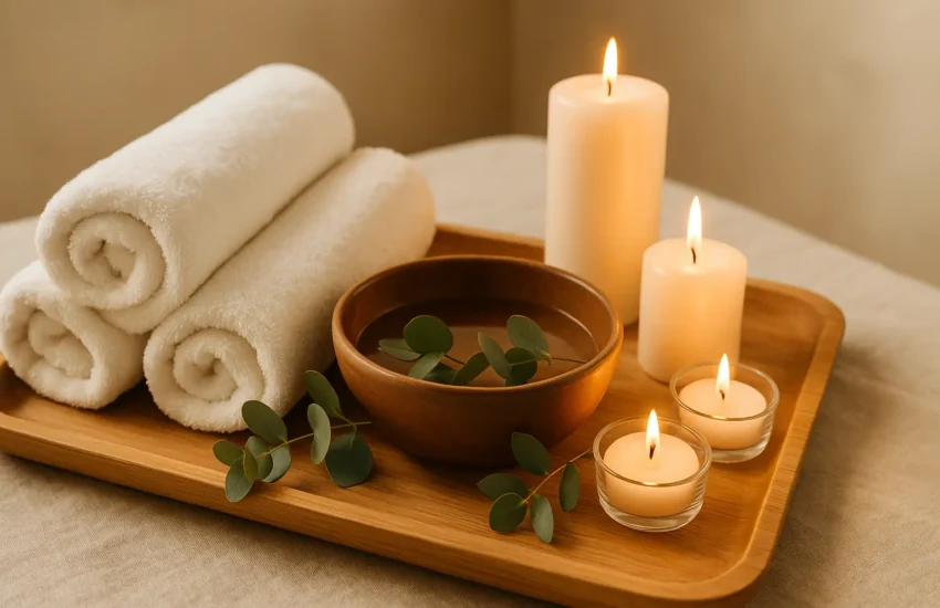 Home spa treatments setup with candles and towels