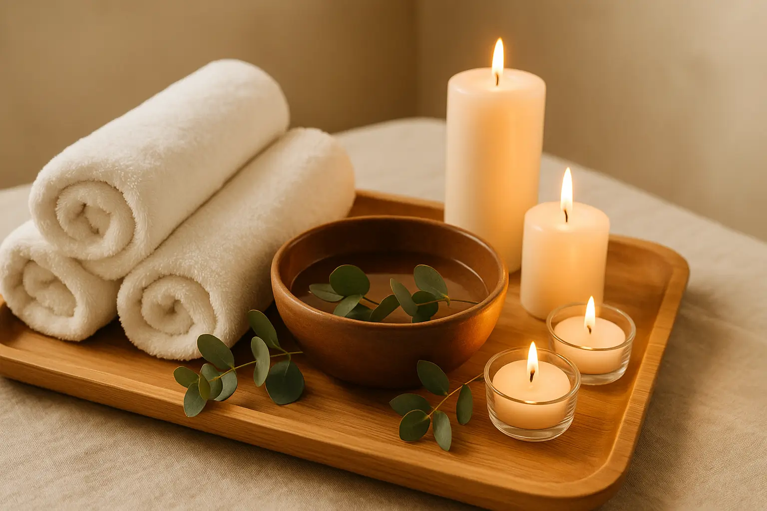 Home spa treatments setup with candles and towels